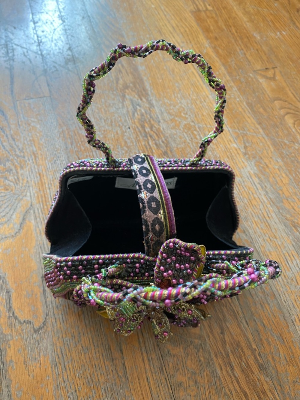 Mary Frances Hand Beaded 3D Floral Handle Evening Bag in Purple & Green - Picture 7 of 10